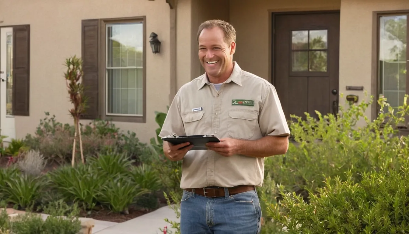 A friendly pest control provider talking with a homeowner at the front door of a stucco home in Concord