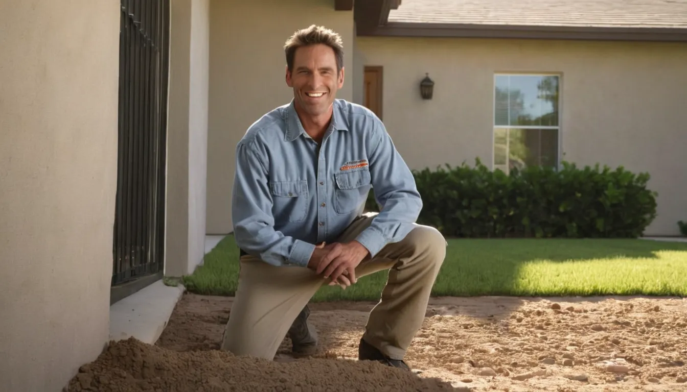 A friendly pest control provider showing a homeowner a sealed gap near a window of a stucco home in Concord